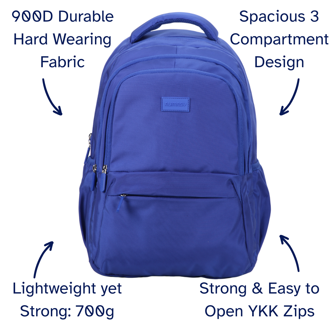 Blue backpack with features highlighted on a white background
