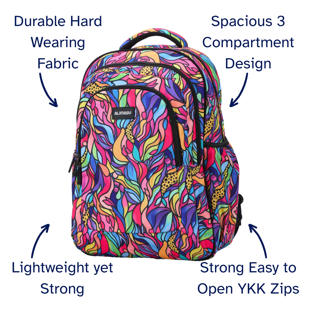Colorful backpack with text highlighting features on a white background