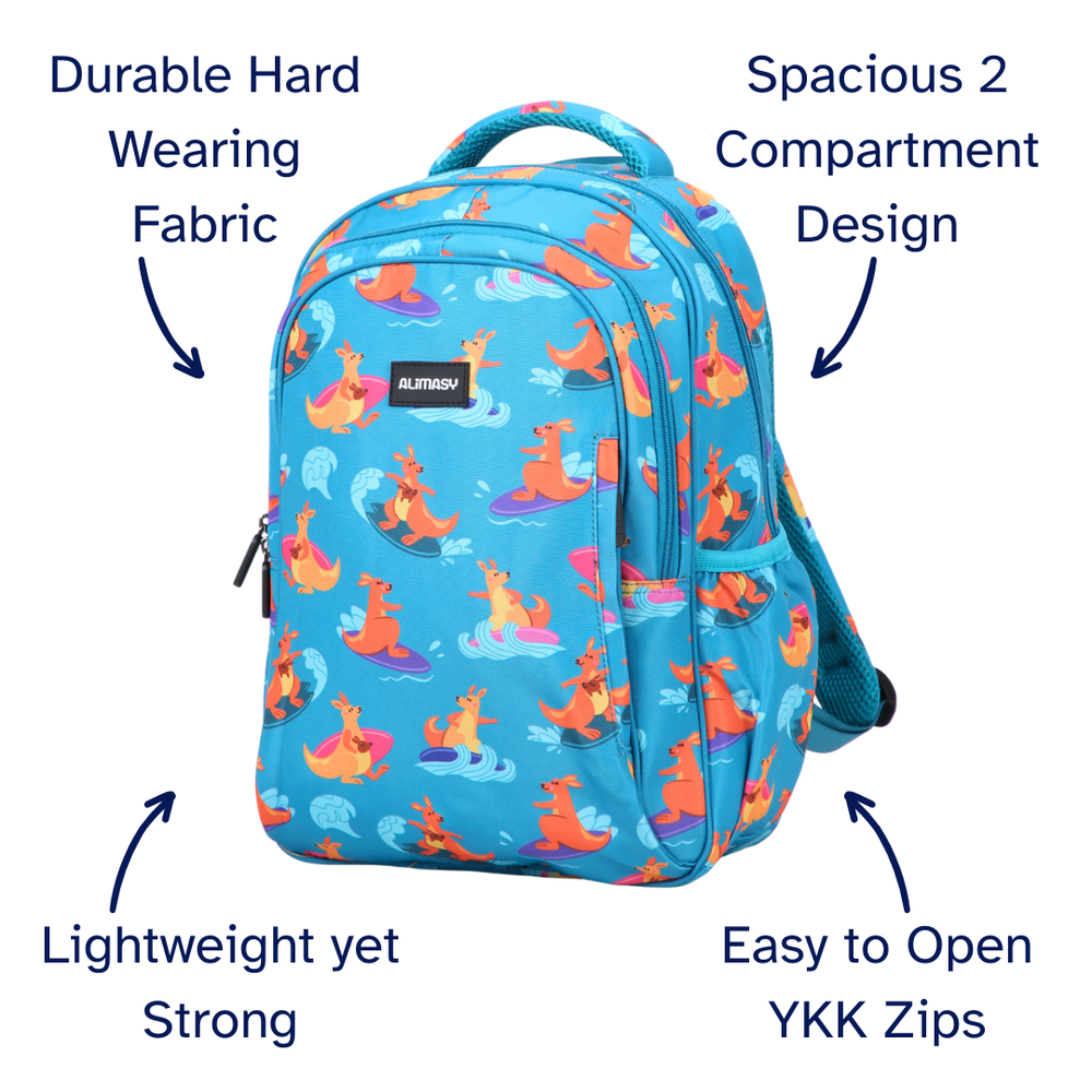 Blue backpack with cartoon kangaroo designs and features listed on a white background