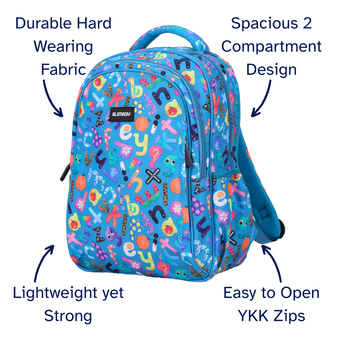 Colorful alphabet letters kids backpack for daycare or kinder with text highlighting features on a white background