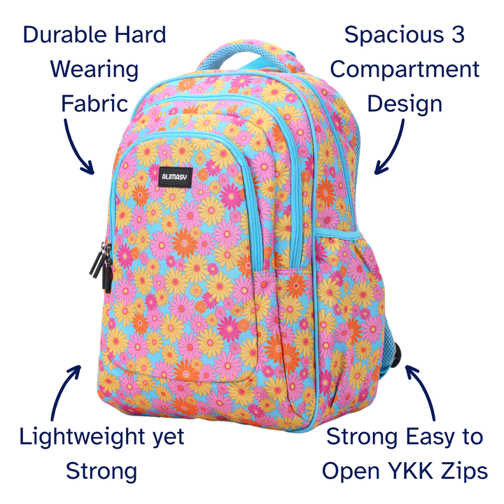 Blue, pink, yellow and orange Floral backpack with features highlighted on a white background