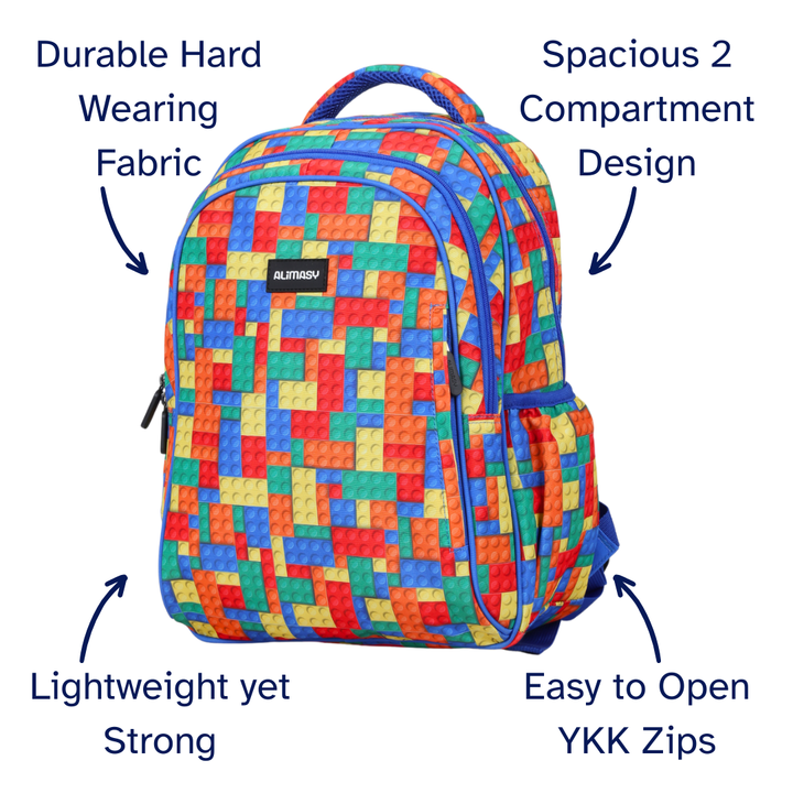Colorful geometric-patterned backpack with features highlighted on a white background