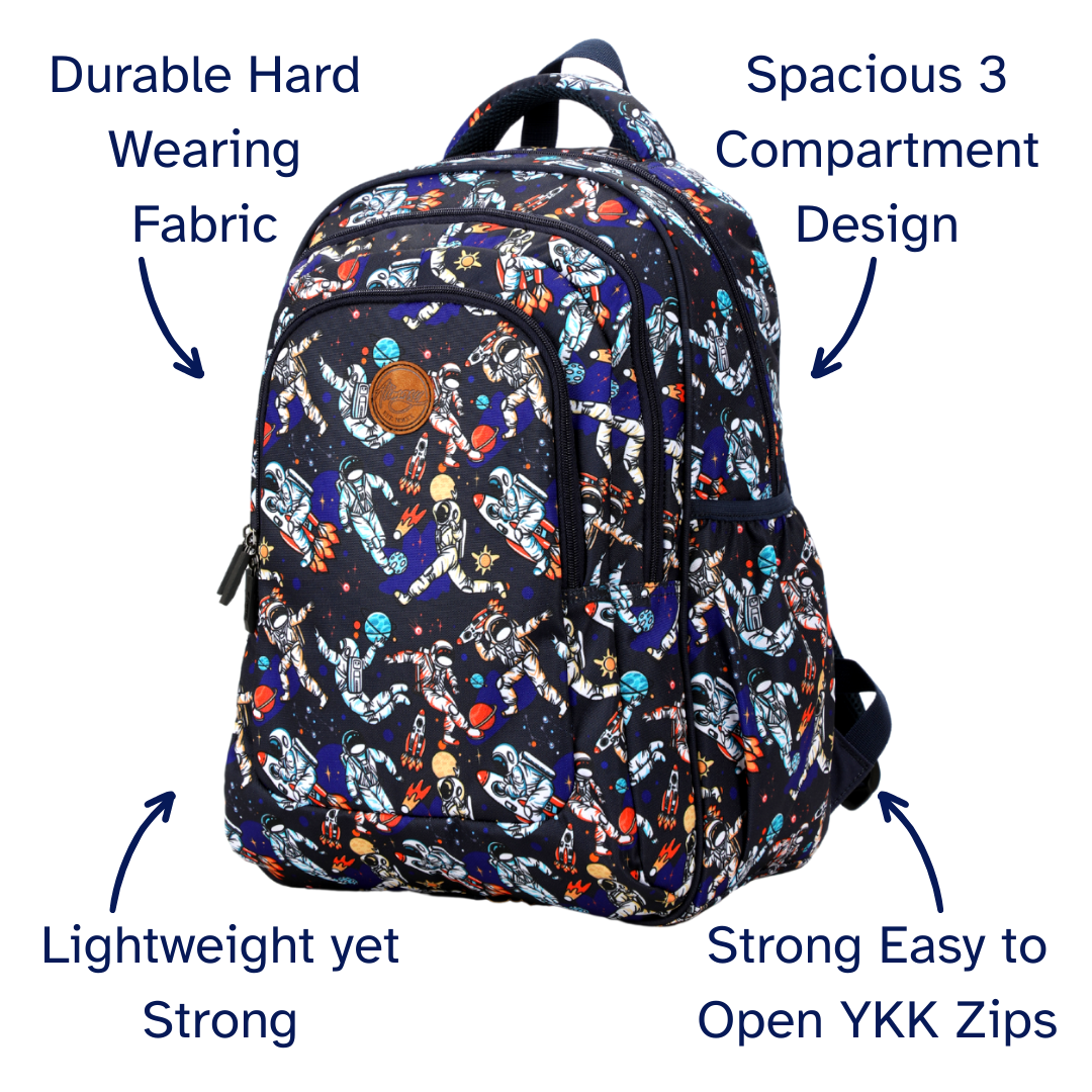 Backpack with colorful design on a white background, featuring text highlighting features.