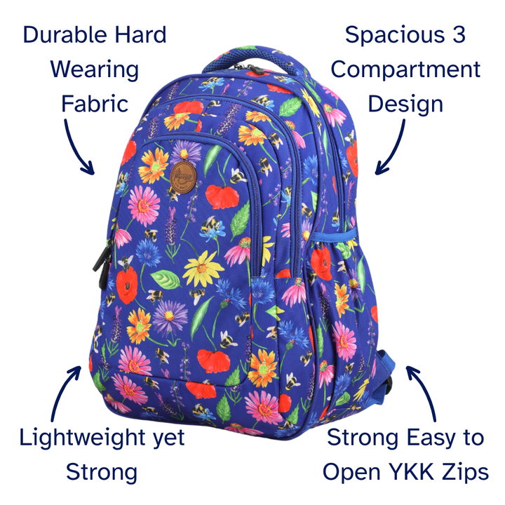 Colorful floral backpack with text highlighting features on a white background