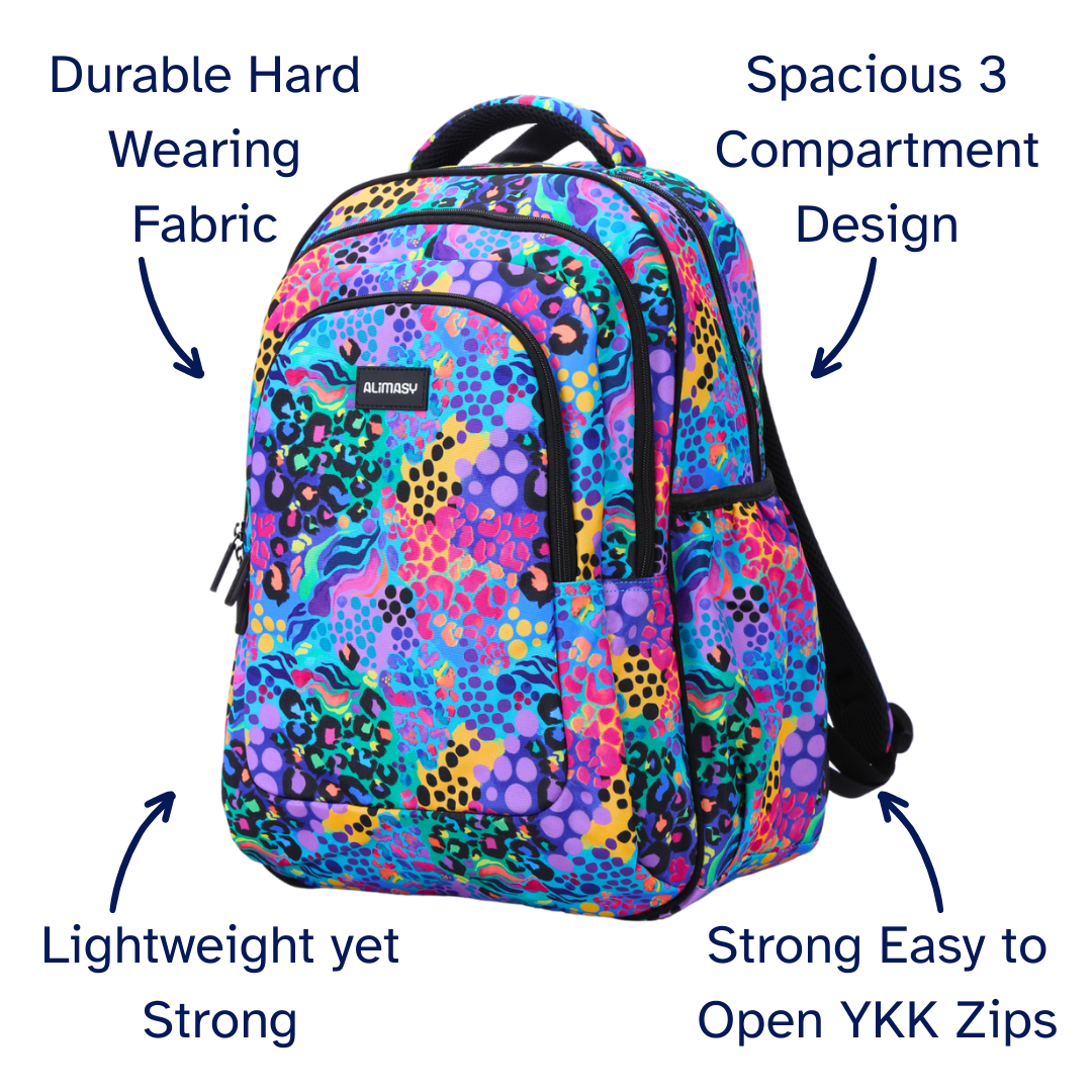Colorful backpack with text highlighting features on a white background