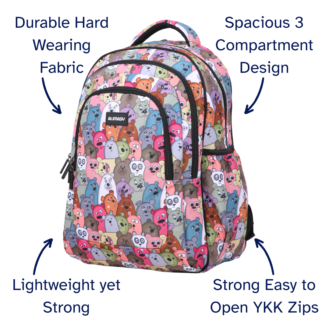 Colorful backpack with bear pattern and text highlighting features on a white background