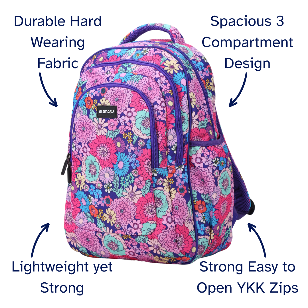 Pink and purple Floral-patterned backpack with features highlighted on a white background