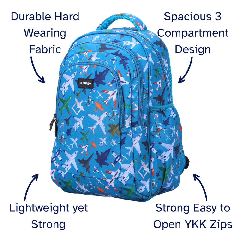 Blue backpack with airplane pattern and features listed on a white background