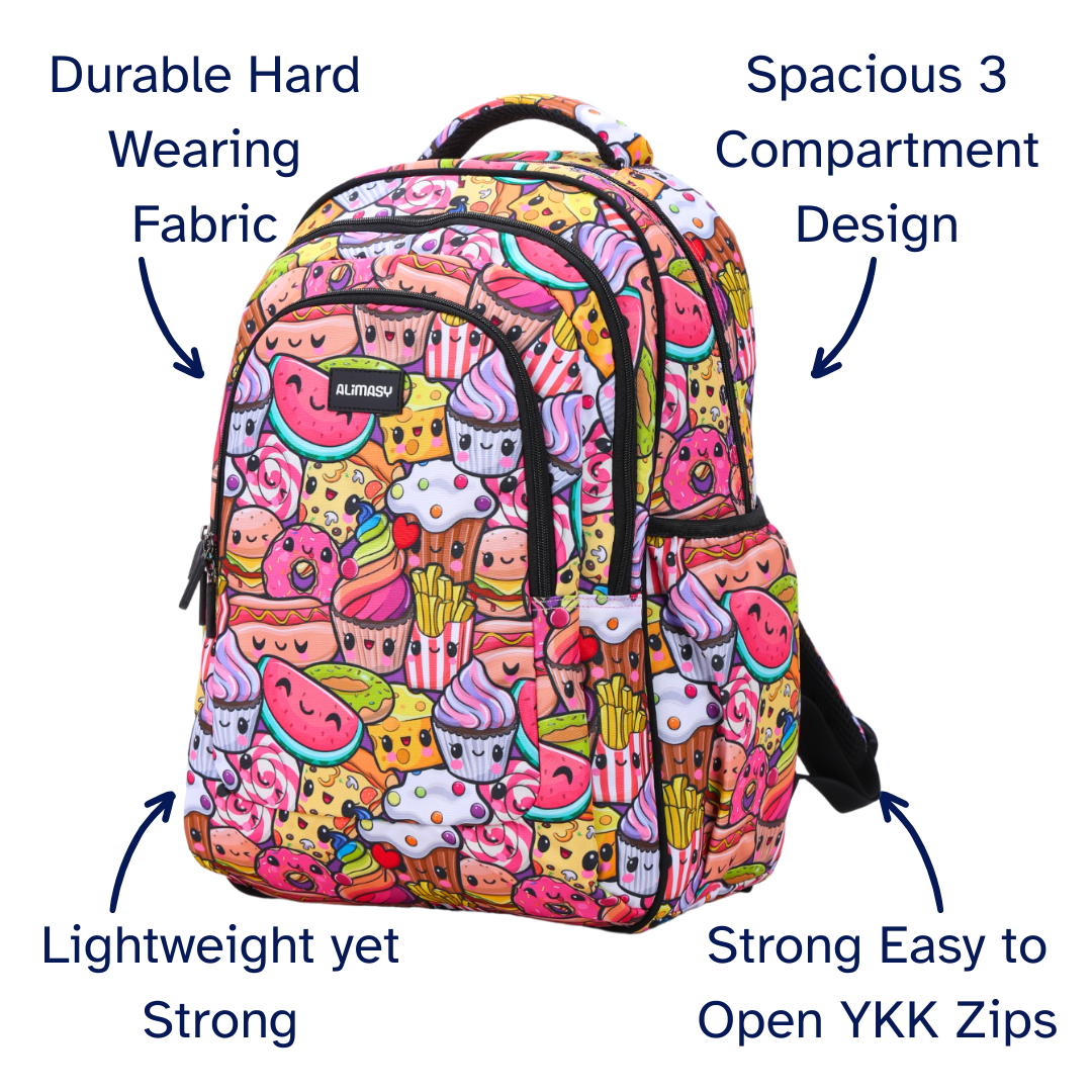 Colorful backpack with food-themed design on a white background, featuring text highlighting features.