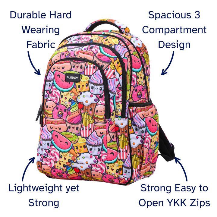 Colorful backpack with food-themed design on a white background, featuring text highlighting features.