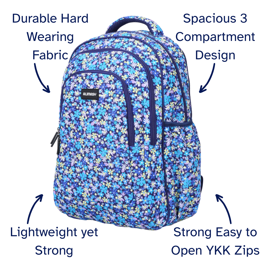 Floral-patterned backpack with features highlighted on a white background