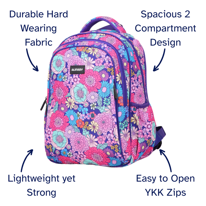 Floral pink and purple patterned kids backpack with features highlighted on a white background