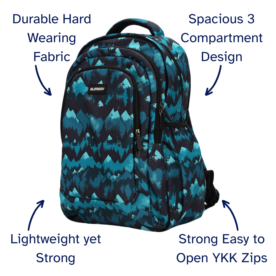 Green and black patterned backpack with features highlighted on a white background