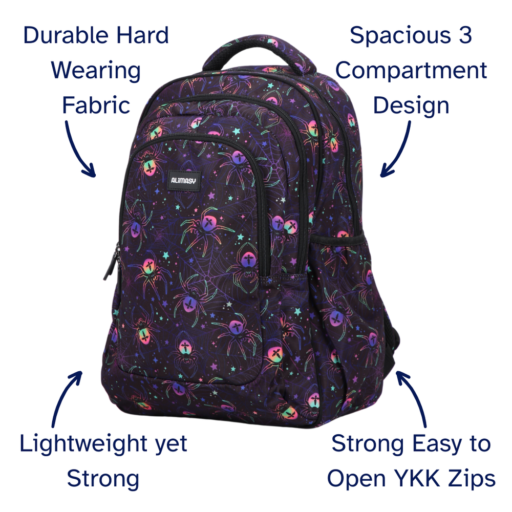 Front view of Spiders Large School Backpack. Durable kids backpack with spacious compartments
