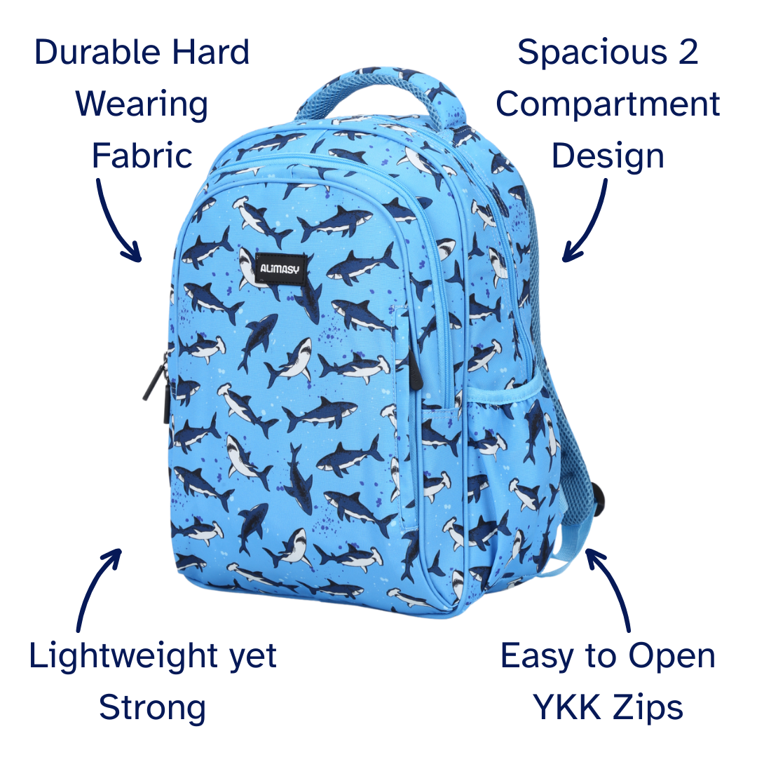 Sharks Midsize Kids Backpack detail shot durable YKK zips and reinforced handle, waterproof kids backpack