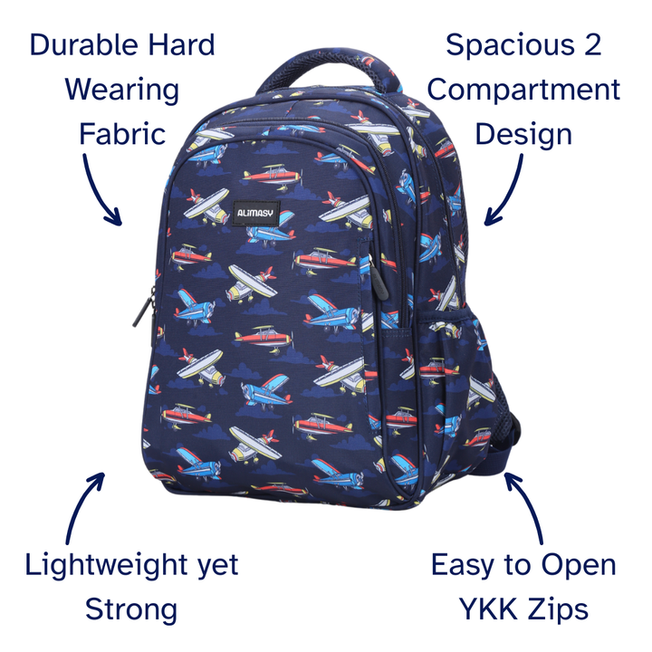 Backpack with airplane pattern and features listed on a white background
