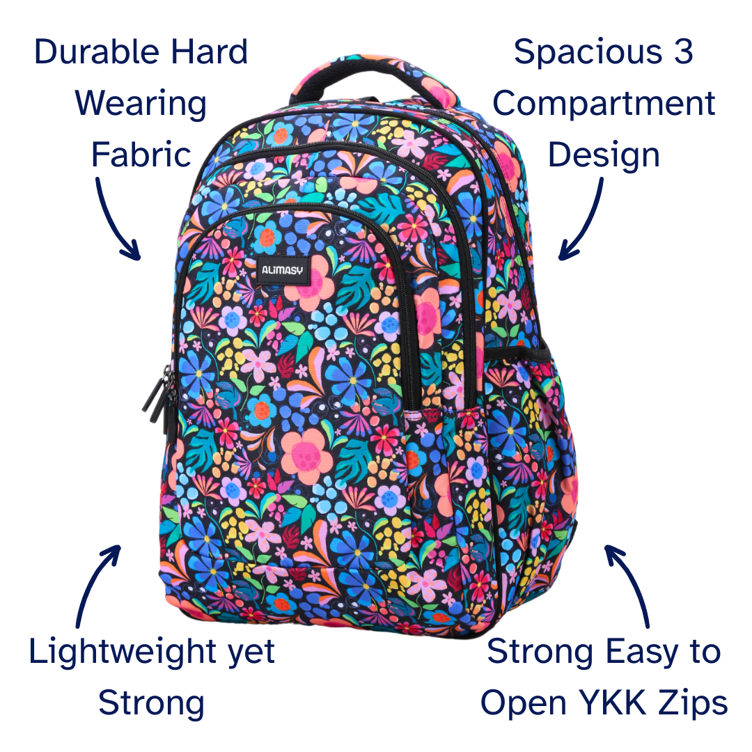 Floral patterned backpack with features highlighted on a white background