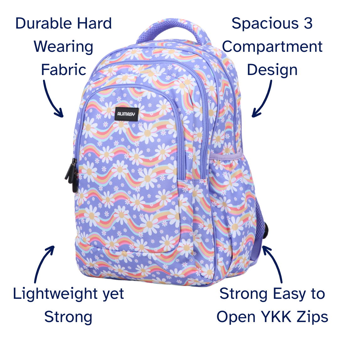 Backpack with colourful design on a white background, featuring text highlighting features.