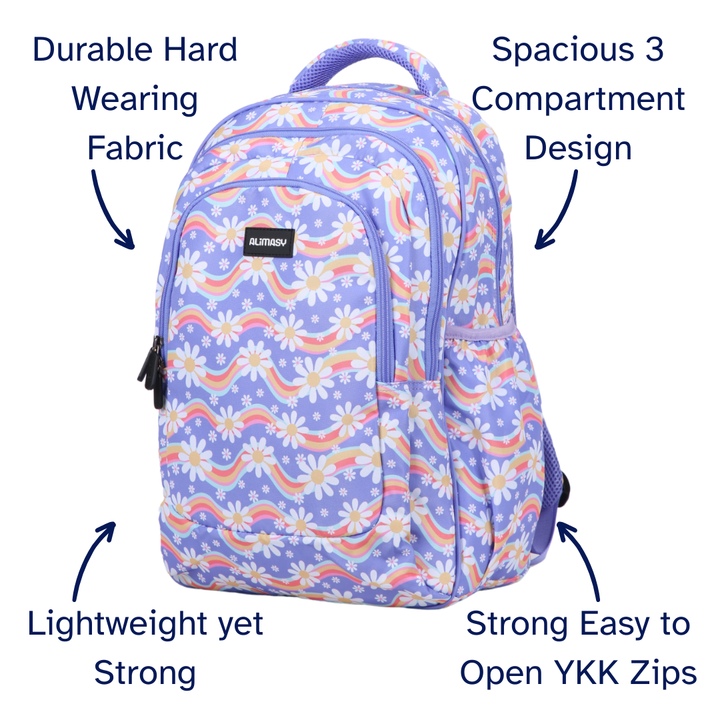 Backpack with colourful design on a white background, featuring text highlighting features.