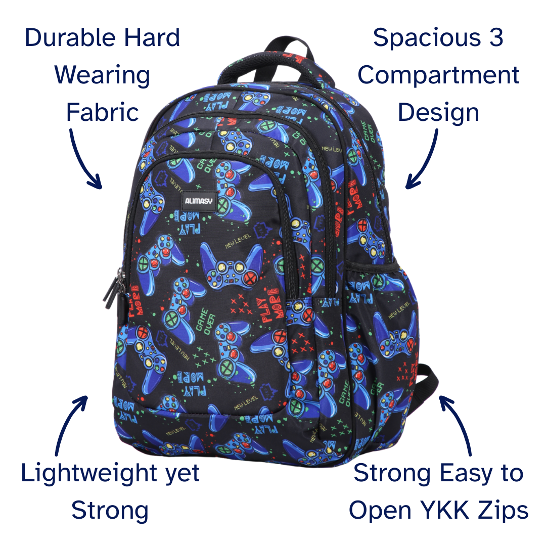 Backpack with gaming controller pattern and feature text on a white background