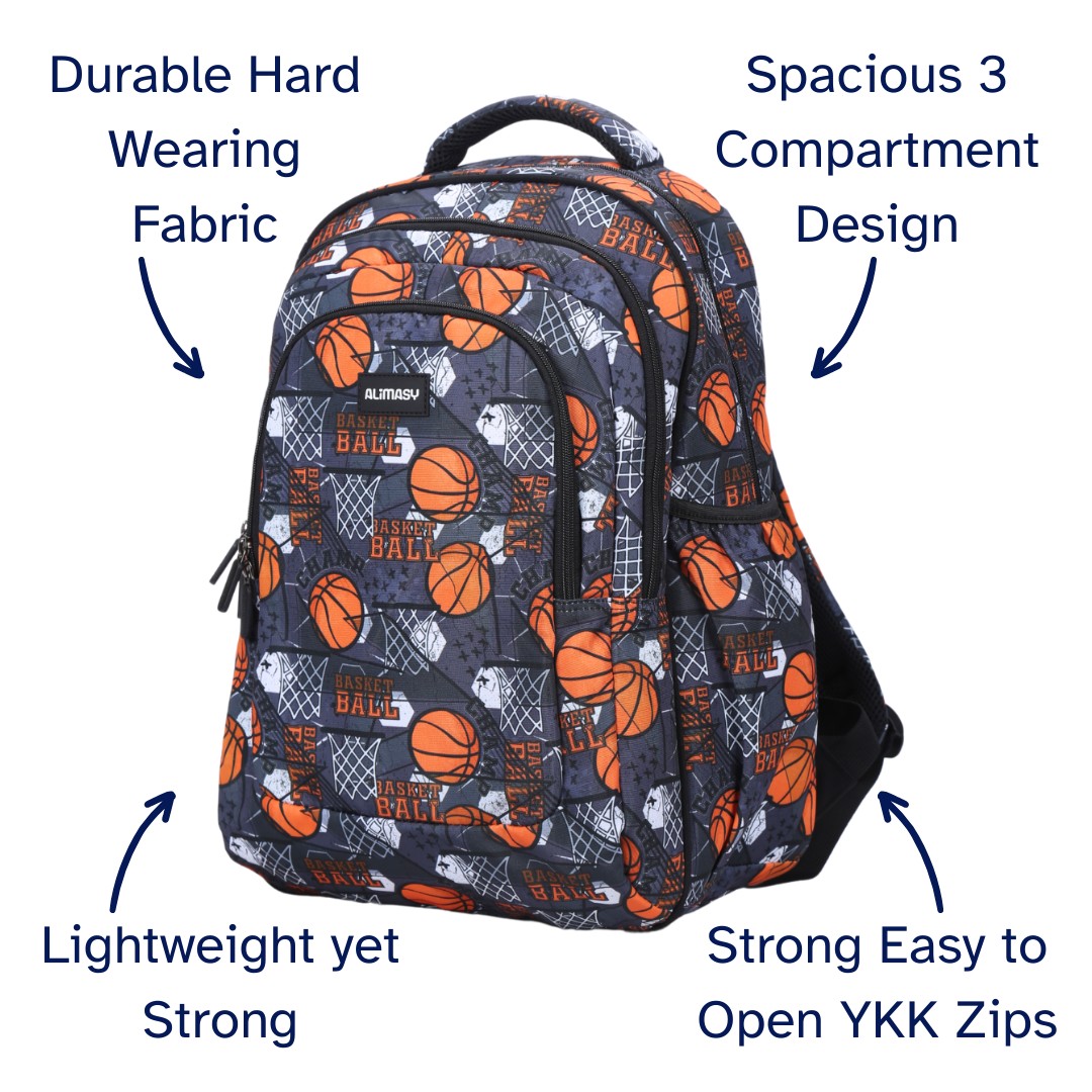 Backpack with basketball pattern and features highlighted on a white background