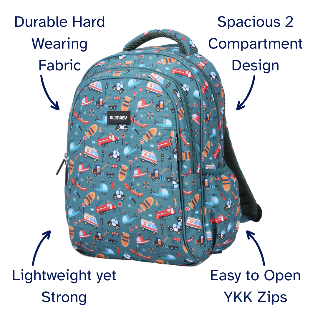Backpack with transportation-themed design and feature text on a white background