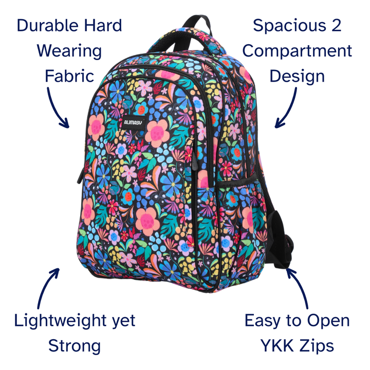 Floral patterned backpack with features highlighted on a white background