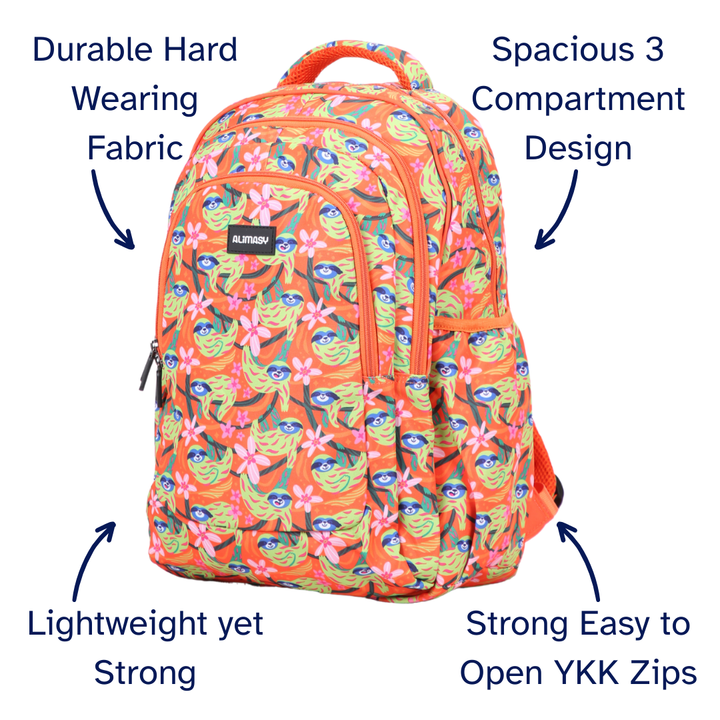 Colorful orange backpack with floral and sloth pattern and text highlighting features on a white background