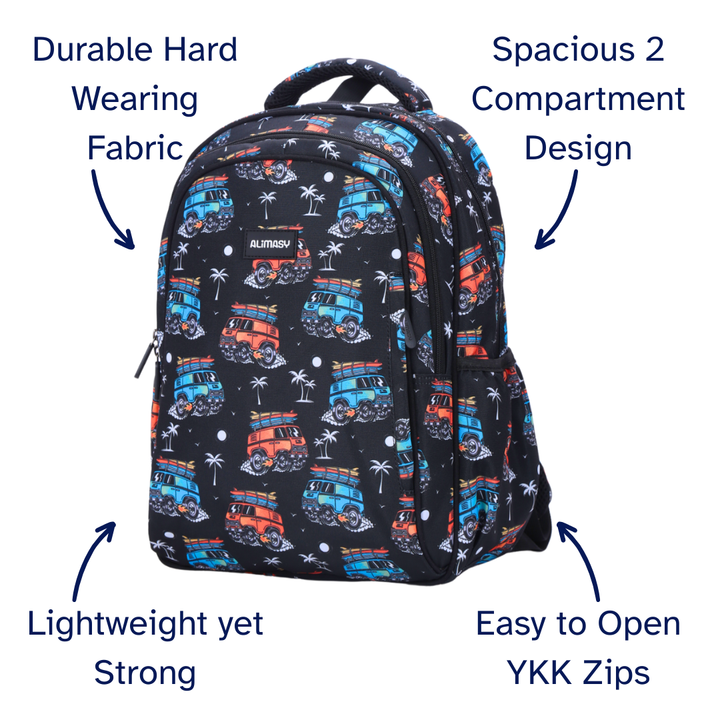 Backpack with colorful design on a white background, featuring text highlighting features.