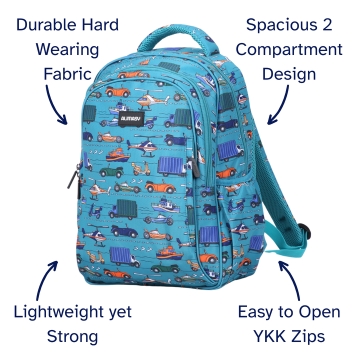 Transport Vehicle Midsize Kids Backpack close-up print high-quality fabric waterproof midsize kids backpack