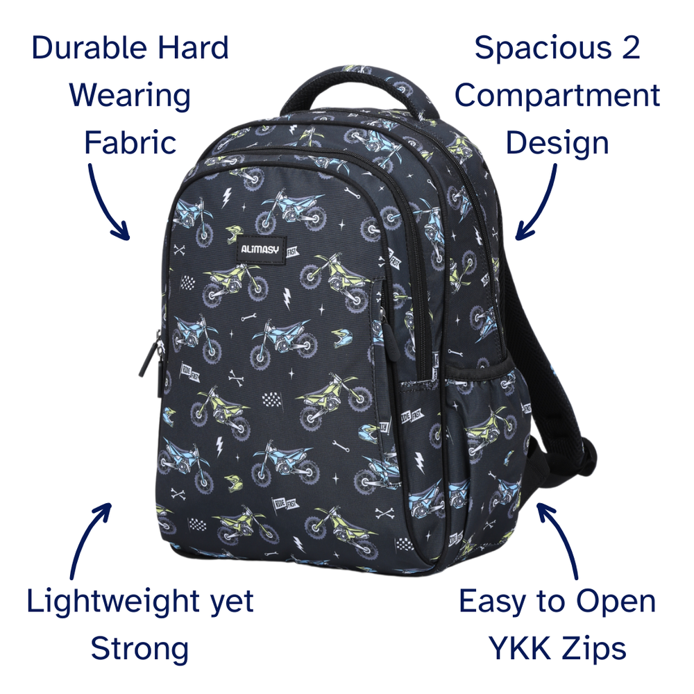 Black kids Backpack with motorcycle pattern and feature text on a white background