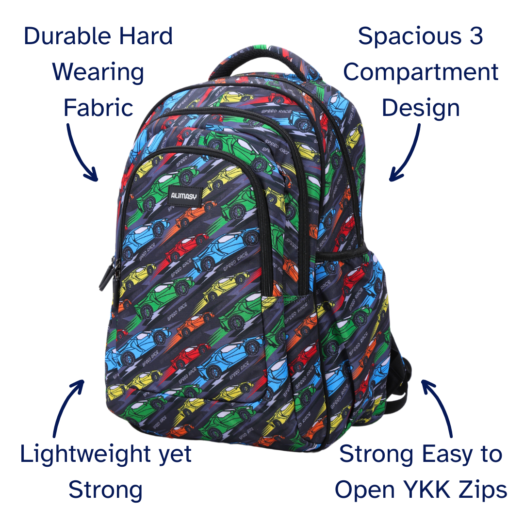 Backpack with colorful car pattern on a white background, labeled for features.