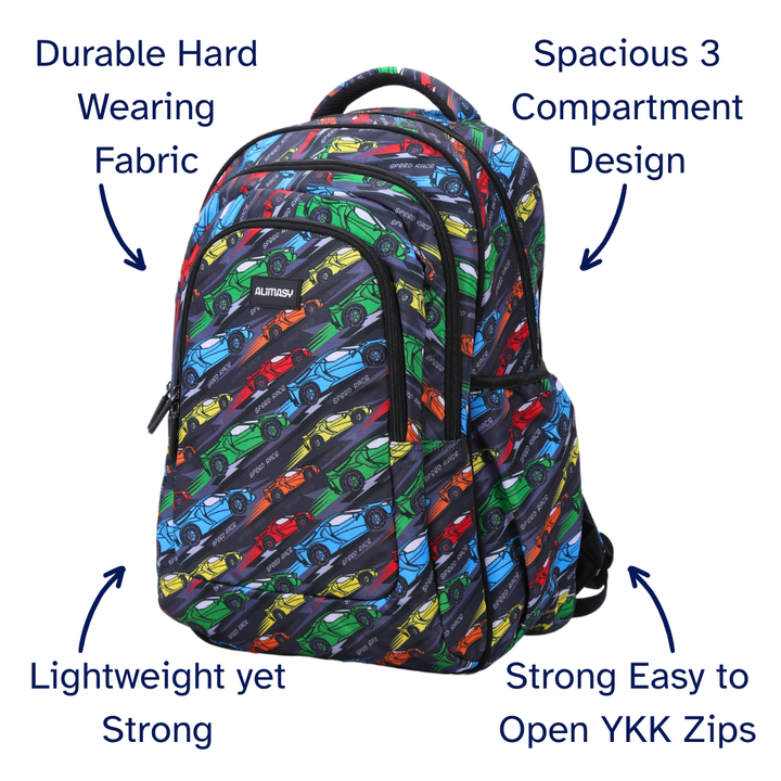 Backpack with colorful car pattern on a white background, labeled for features.