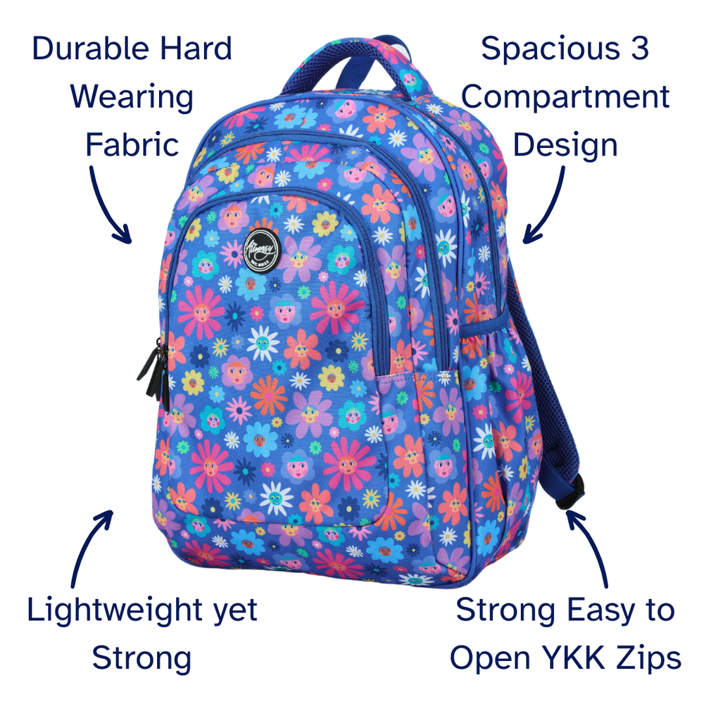 Floral-patterned backpack with features highlighted on a white background