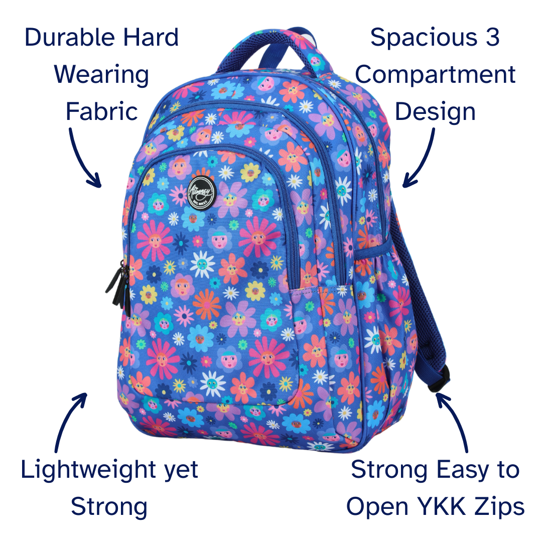 Floral-patterned backpack with features highlighted on a white background