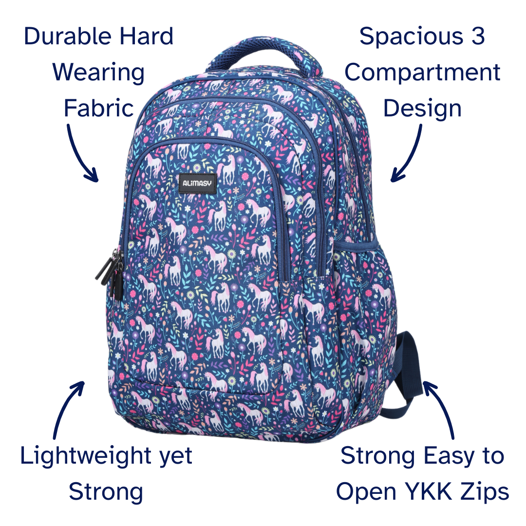 Backpack with unicorn pattern and features listed on a white background