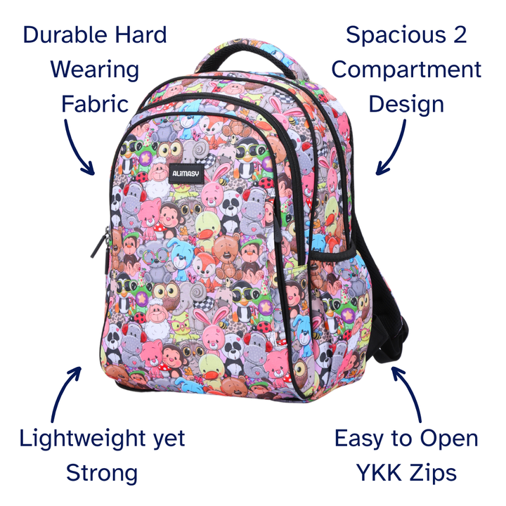 Cute Animals Midsize Kids Backpack detail shot durable YKK zips and reinforced handle, waterproof kids backpack