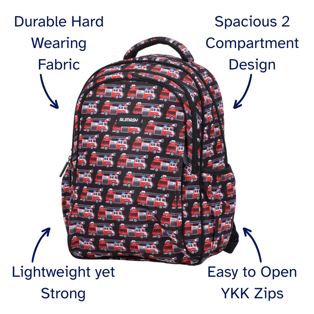 Firetrucks Midsize Kids Backpack close-up print high-quality fabric waterproof midsize kids backpack