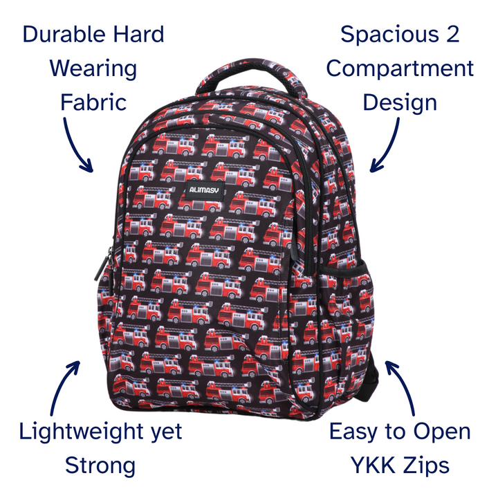 Firetrucks Midsize Kids Backpack close-up print high-quality fabric waterproof midsize kids backpack