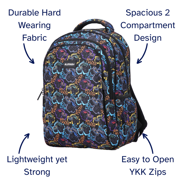 Multicolored kids monster truck vehicle backpack with text highlighting features on a white background