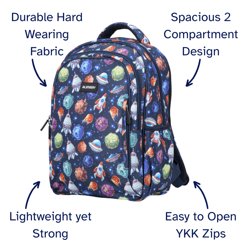 Backpack with space-themed design and features labeled on a white background