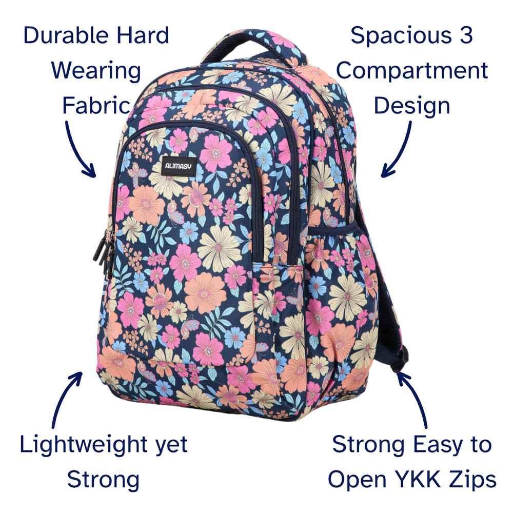 Floral backpack with features highlighted on a white background