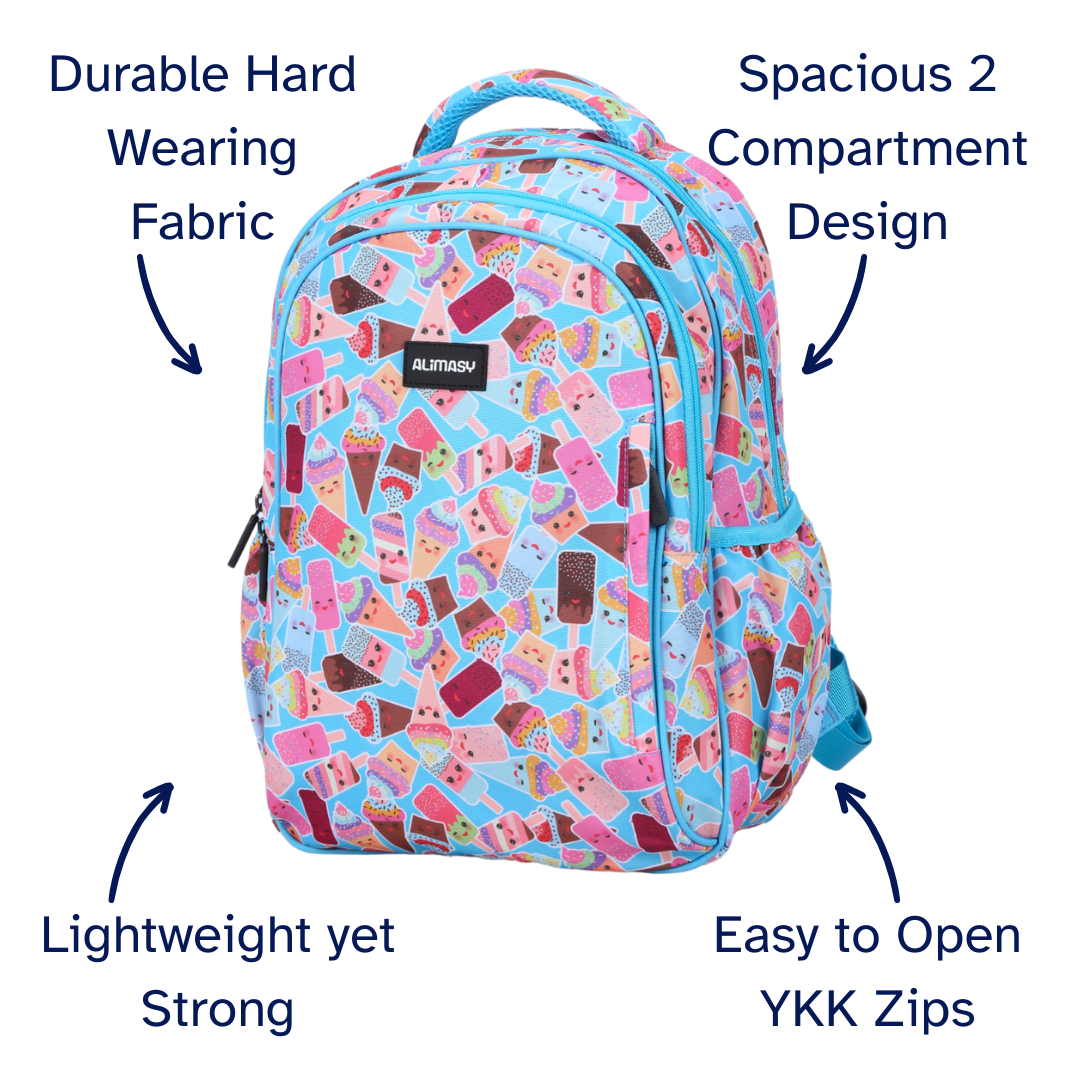 Ice Cream Party Midsize Kids Backpack detail shot durable YKK zips and reinforced handle, waterproof kids backpack