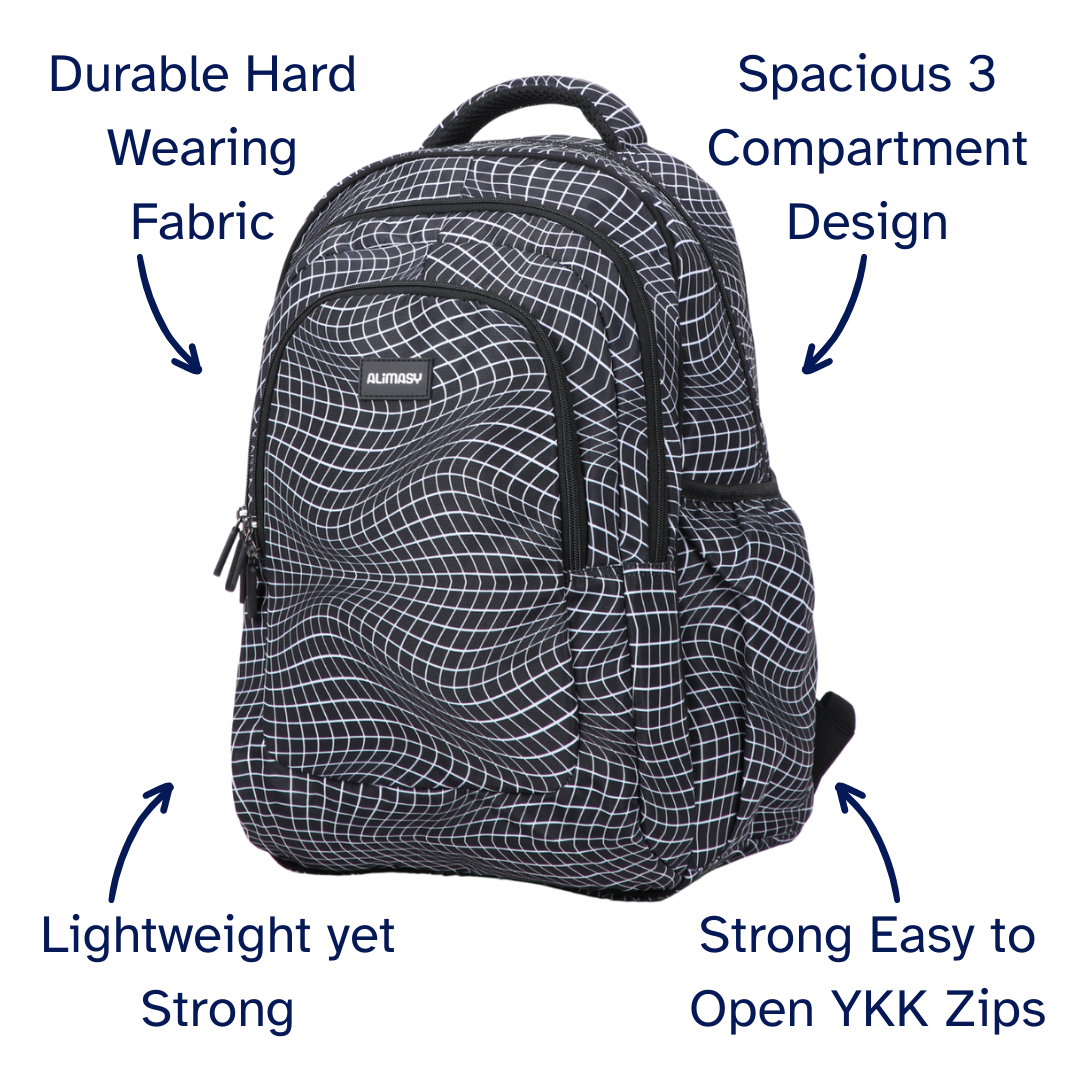 Backpack with features highlighted on a white background