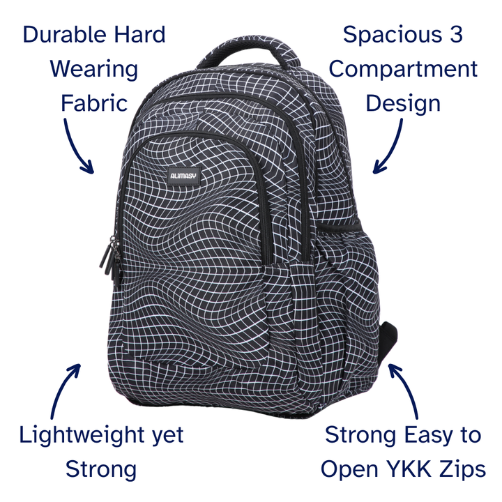 Backpack with features highlighted on a white background