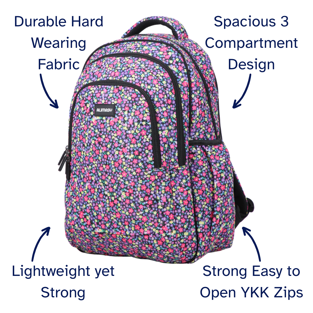 Floral patterned backpack with text highlighting features on a white background