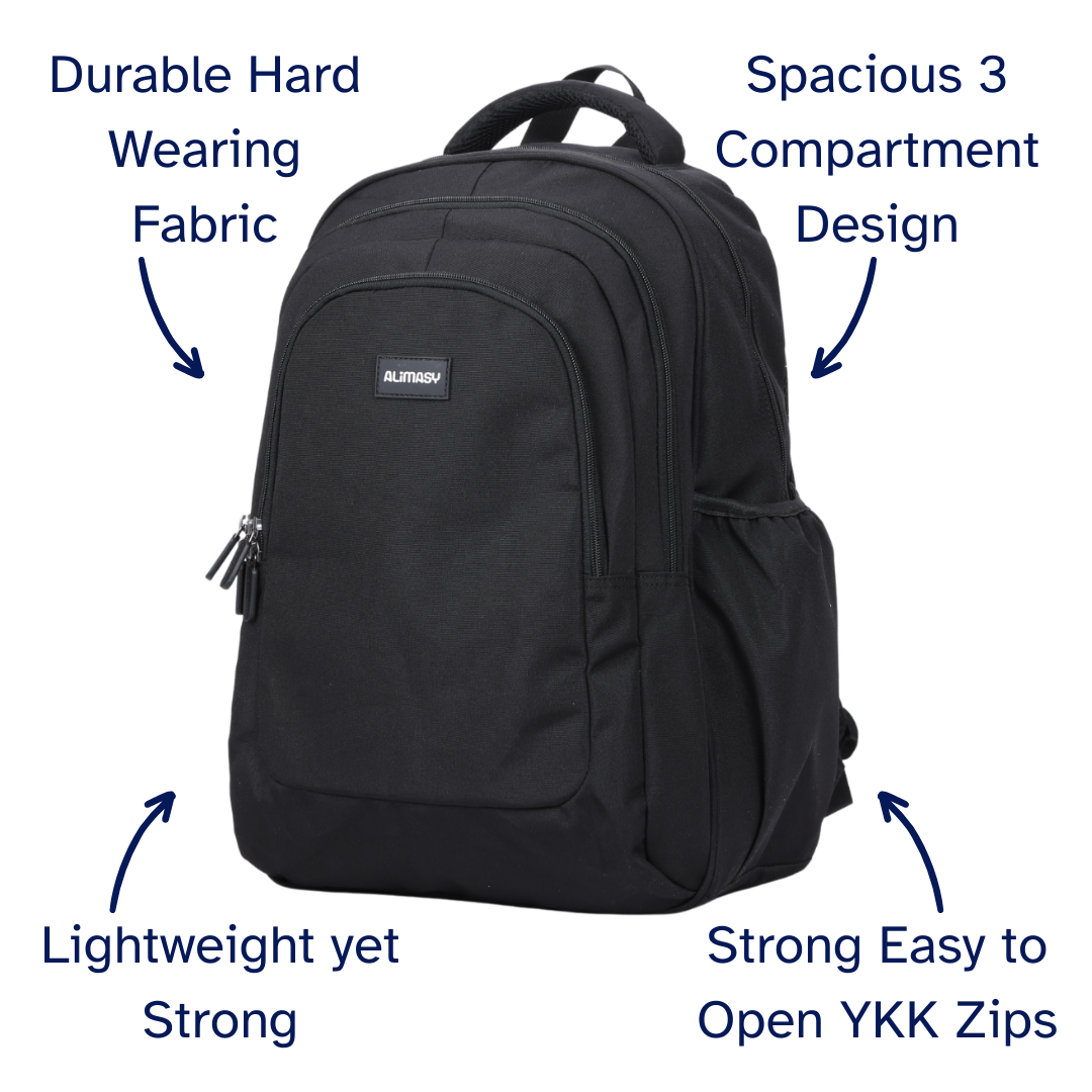 Black backpack with features labeled on a white background