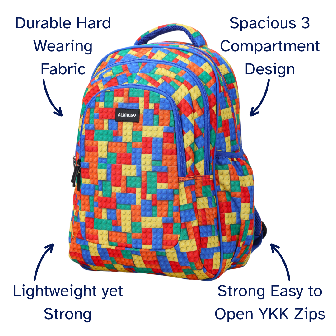 Colorful backpack with text highlighting features on a white background