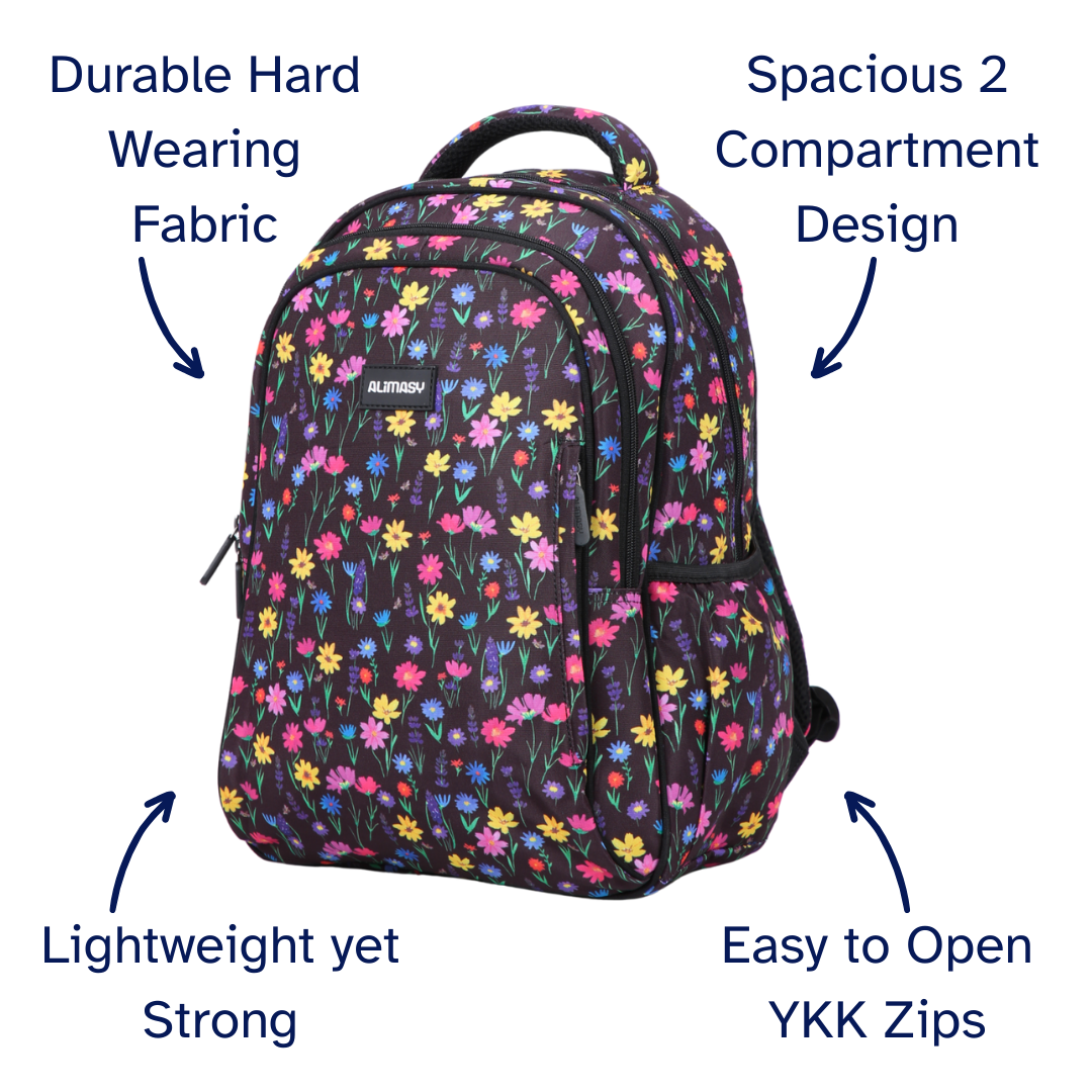 Floral-patterned backpack with features highlighted on a white background
