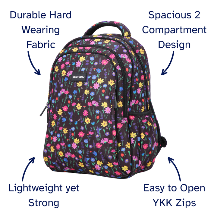 Floral-patterned backpack with features highlighted on a white background